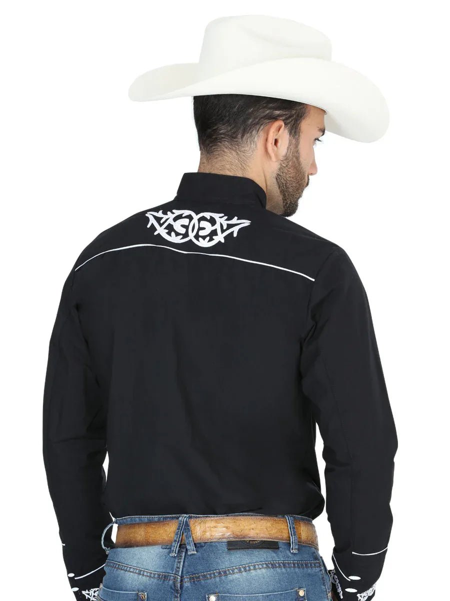 Mens El Señor de los Cielos Charro Embroidery Shirt Black/White 40782 - N4dboots.com
