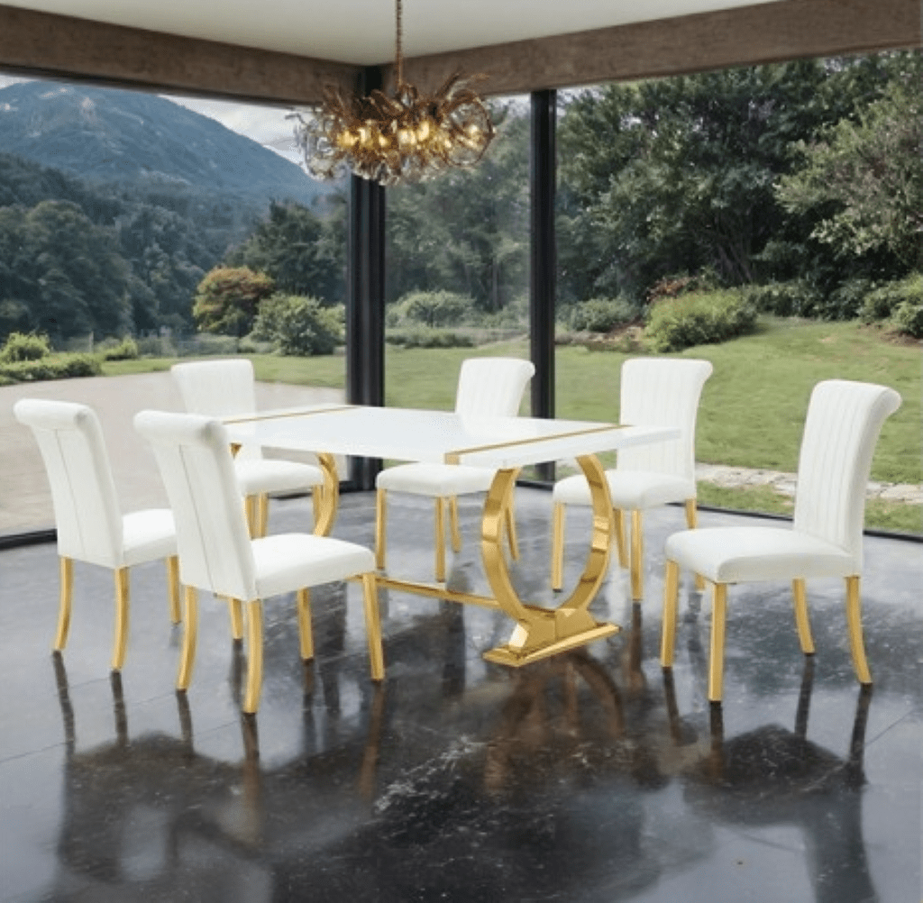 HOLBAEK 7 Pc 80" Dining Table Set | FM37008GD - T - 7PC - 07GW Color Gold White - N4dboots.com