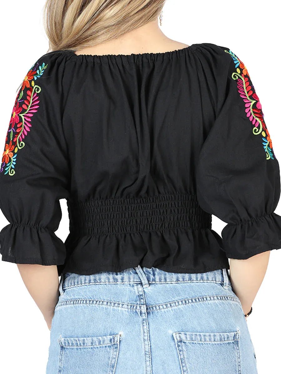Artisanal Embroidered Blouse 100% Cotton Black 604051 - N4dboots.com