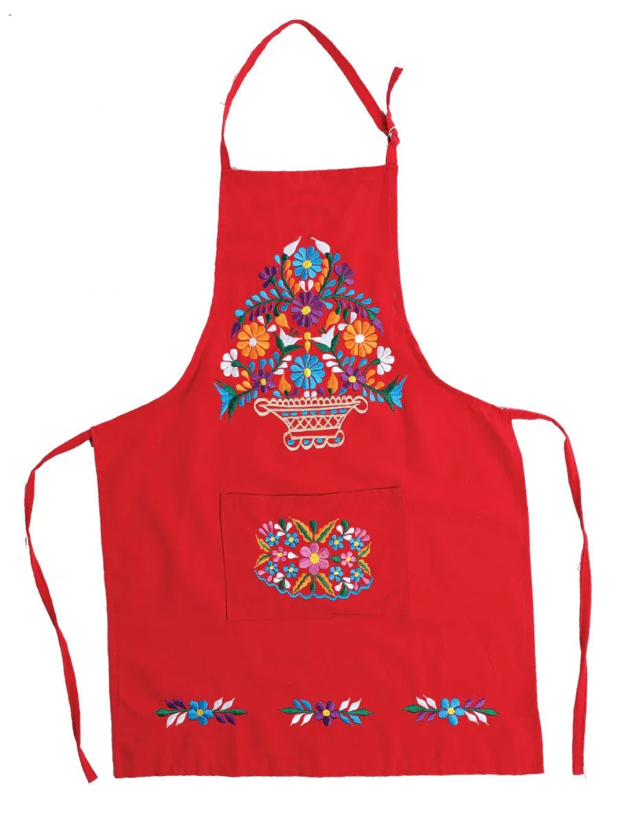 Mexican Artisanal Embroidered Apron 100% Cotton Red 603157 - N4dboots.com