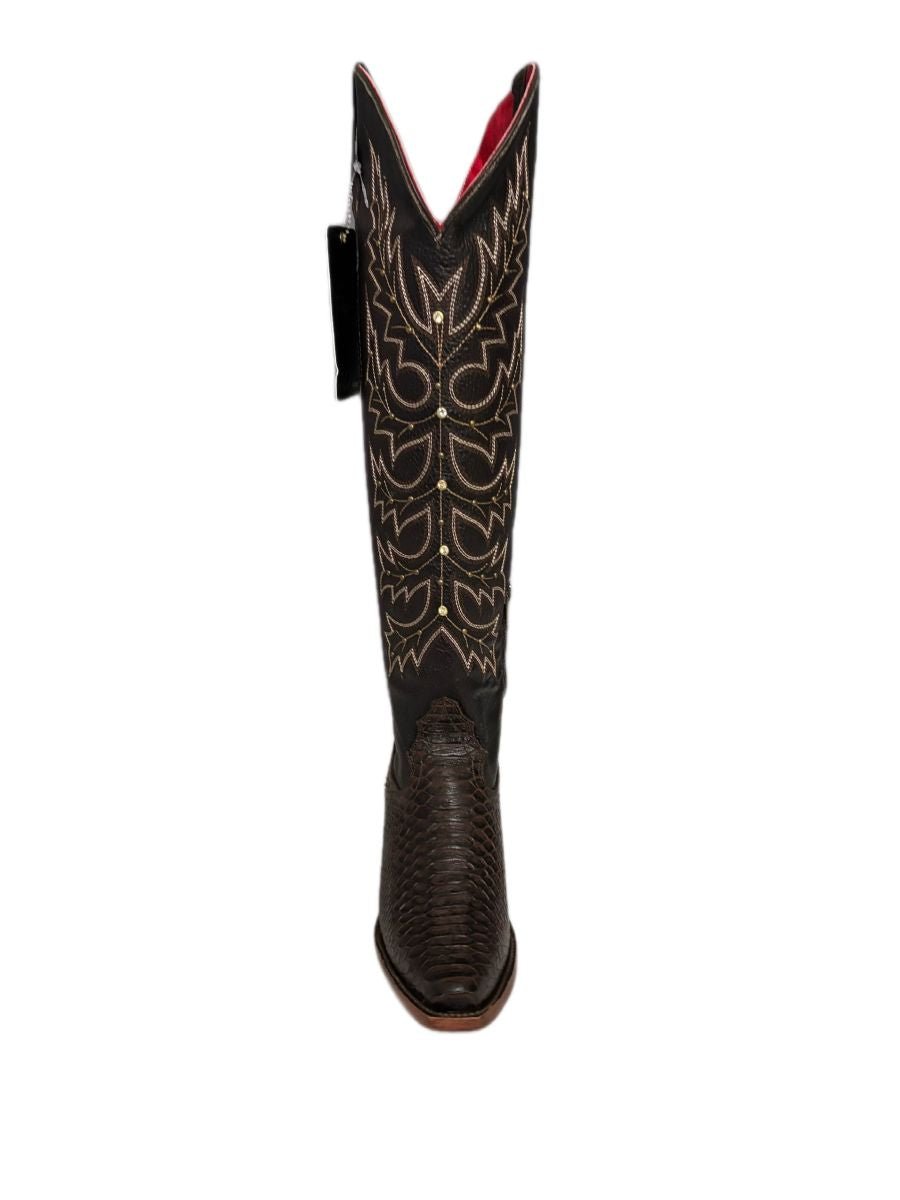 Bota Vaquera de Mujer Cruzalta Piel Imitación Pitón Color Café y Orix – Diseño Western con Tacón Estilizado - N4dboots.com