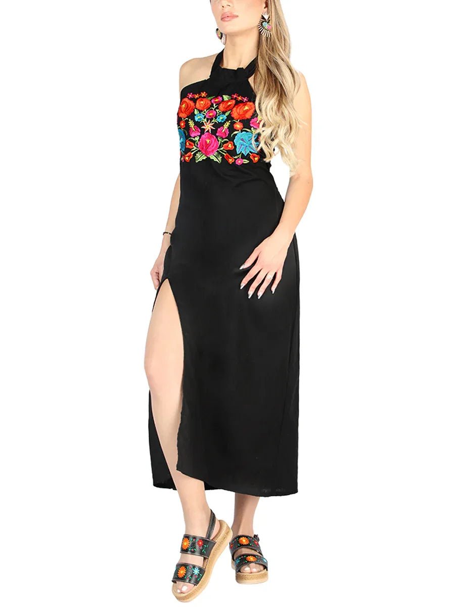 Artisanal Embroidered Dress 100% Cotton Black 604056 - N4dboots.com