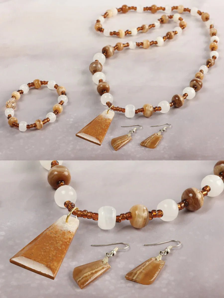 Artisanal Set Earrings-Necklace-Bracelet Onyx Stone Brown/Caramel 603145 - N4dboots.com