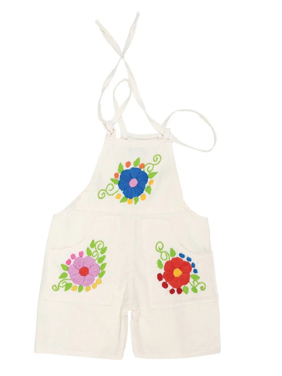 Artisanal Embroidered Overalls Short 100% Cotton Beige 603584 - N4dboots.com