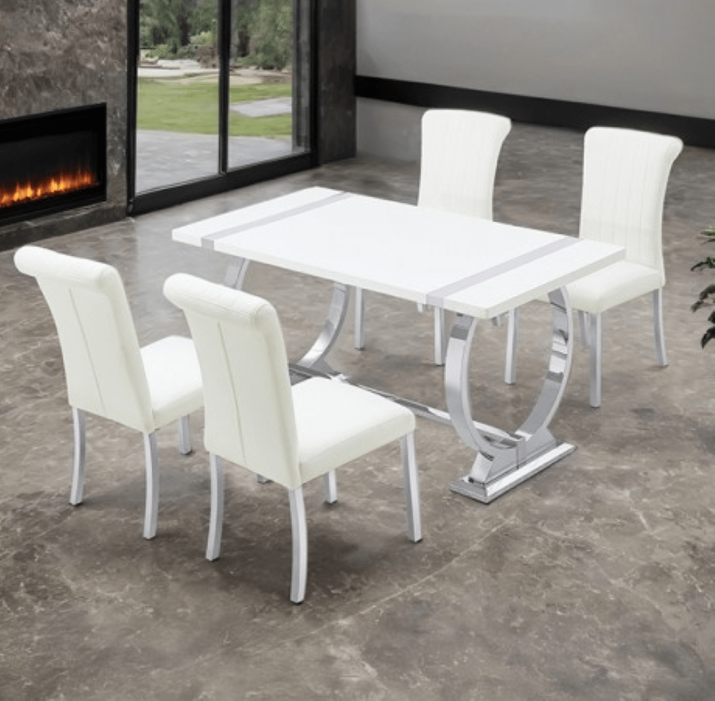 HOLSTEBRO 5 Pc 60" Dining Table Set | FM37007SV - T - 5PC - 07SW Color Silver White - N4dboots.com