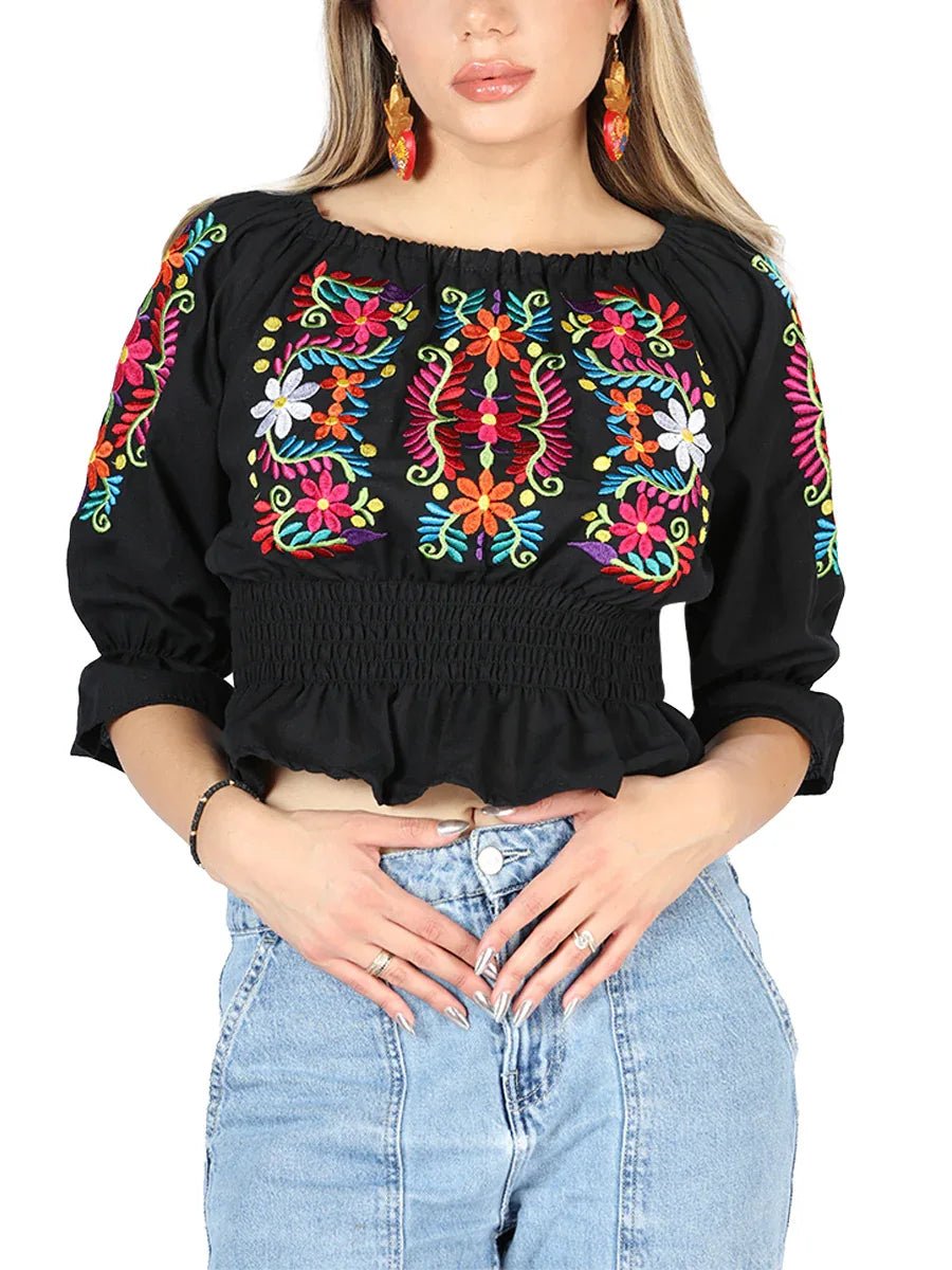 Artisanal Embroidered Blouse 100% Cotton Black 604051 - N4dboots.com