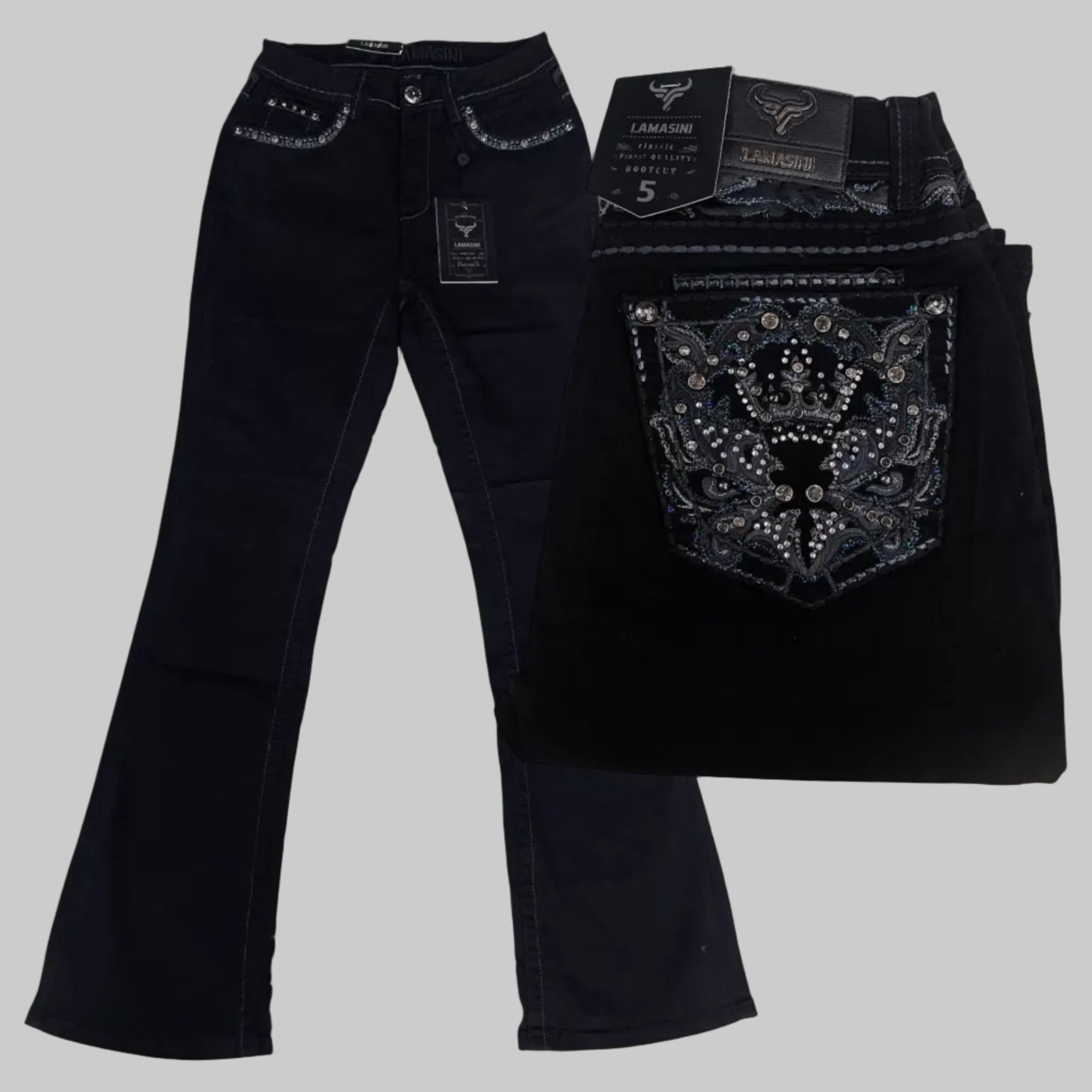 LAMASINI Women Jeans L765 Black - N4dboots.com