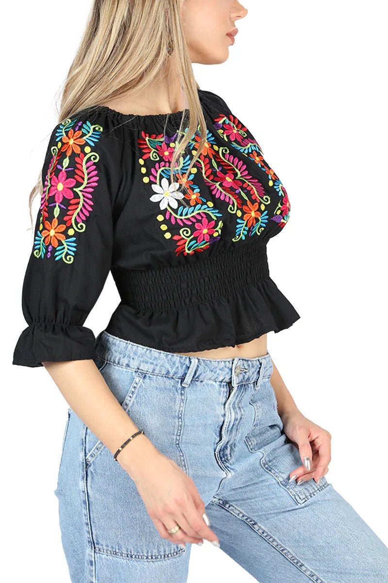 Artisanal Embroidered Blouse 100% Cotton Black 604051 - N4dboots.com
