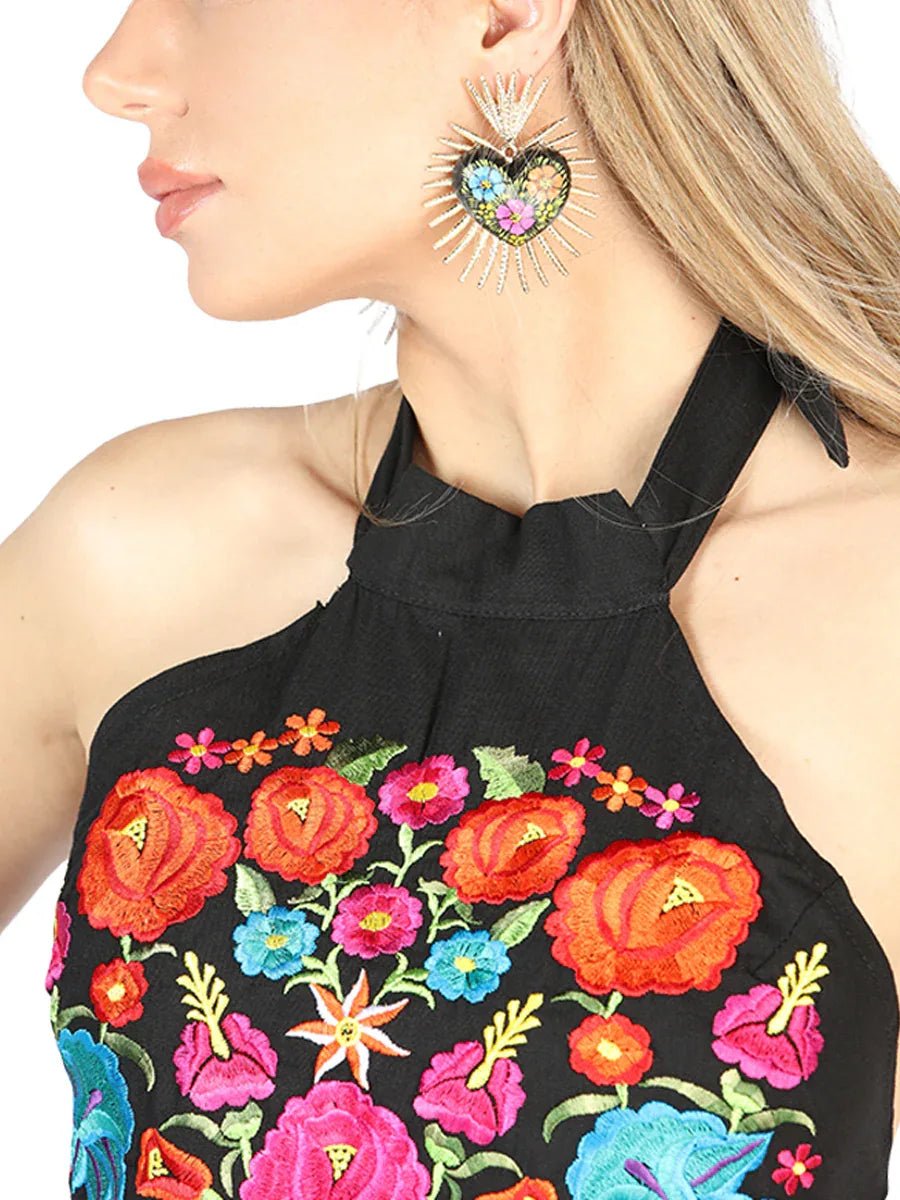 Artisanal Embroidered Dress 100% Cotton Black 604056 - N4dboots.com