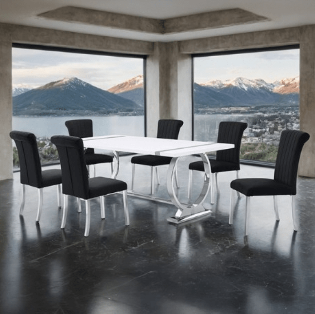 HOLBAEK 7 Pc 80" Dining Table Set | FM37008SV - T - 7PC - 07SB Color Silver Black - N4dboots.com