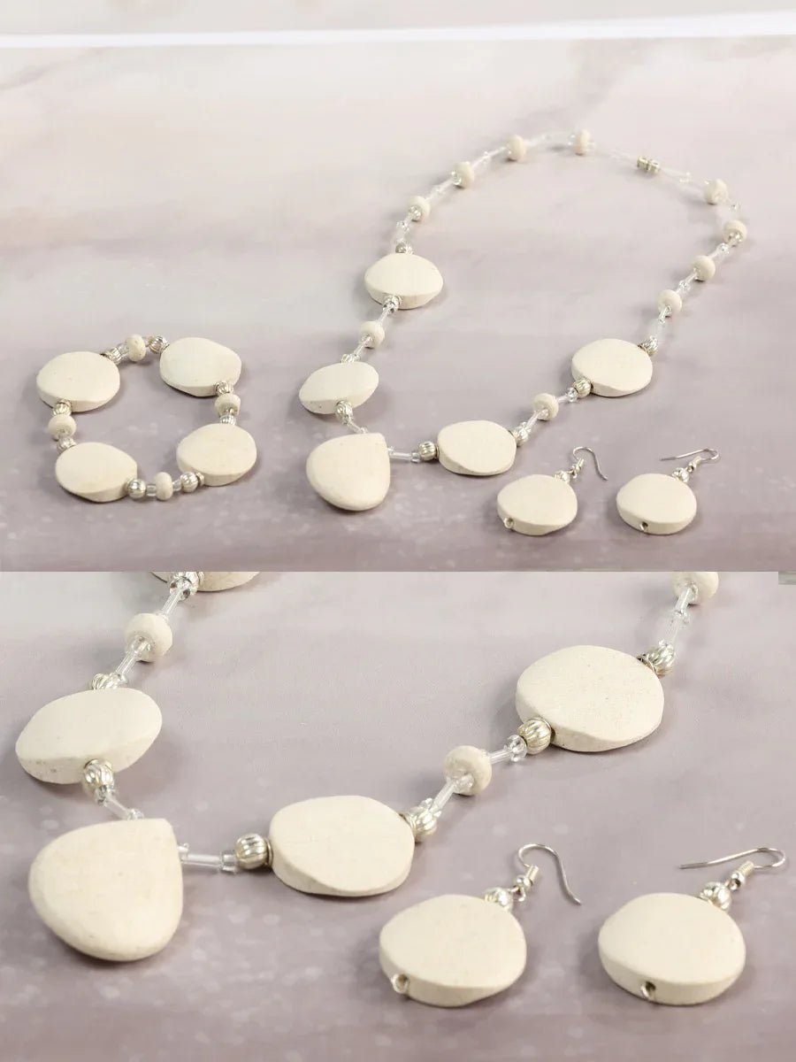 Artisanal Set Earrings-Necklace-Bracelet Onyx Stone Beige 603139 - N4dboots.com