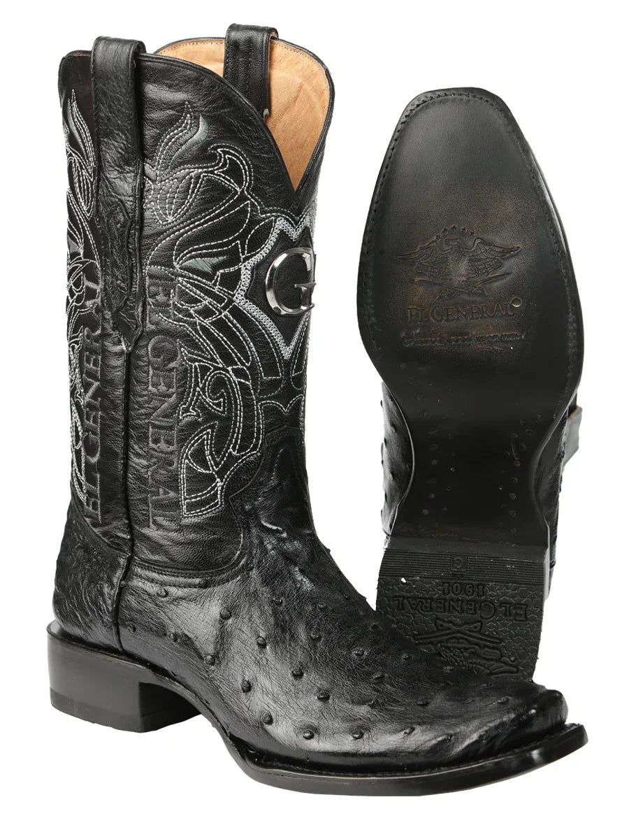 El General Men's Exotic Ostrich Leather Cowboy Boots - Black 45515 - N4dboots.com