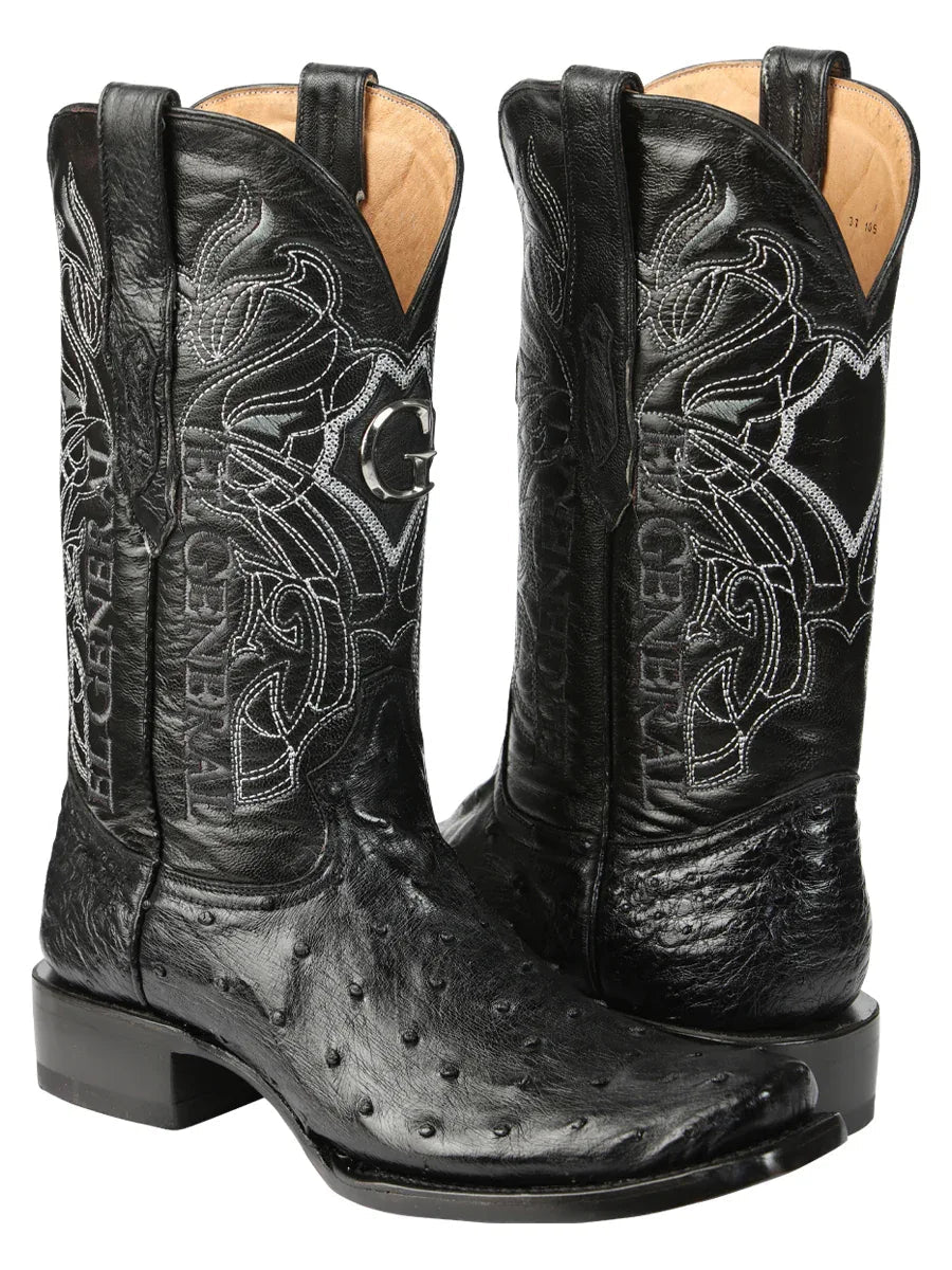 El General Men's Exotic Ostrich Leather Cowboy Boots - Black 45515 - N4dboots.com
