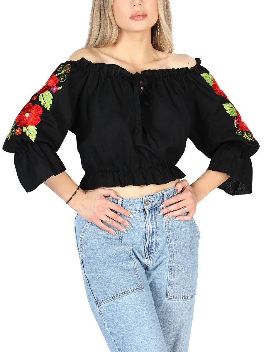 Artisanal Embroidered Blouse 100% Cotton Black 604050 - N4dboots.com