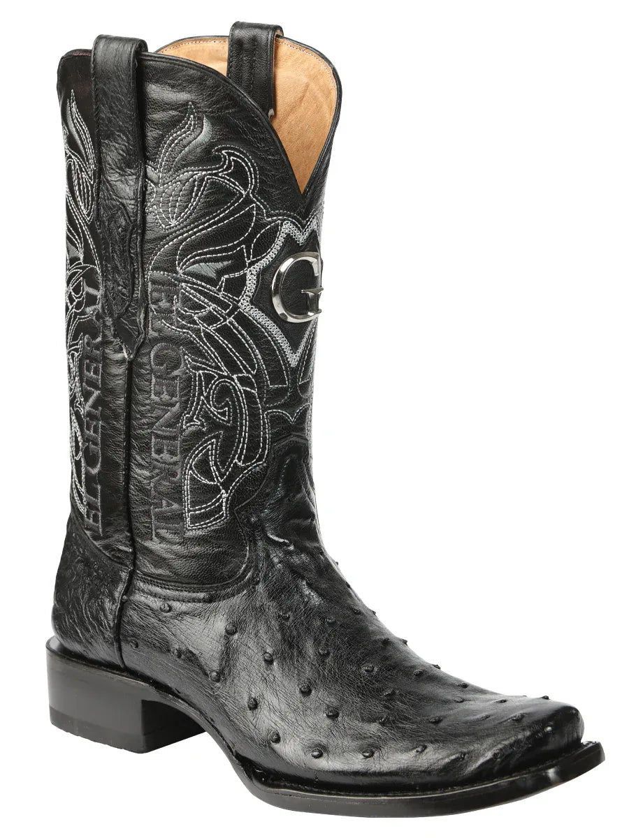 El General Men's Exotic Ostrich Leather Cowboy Boots - Black 45515 - N4dboots.com