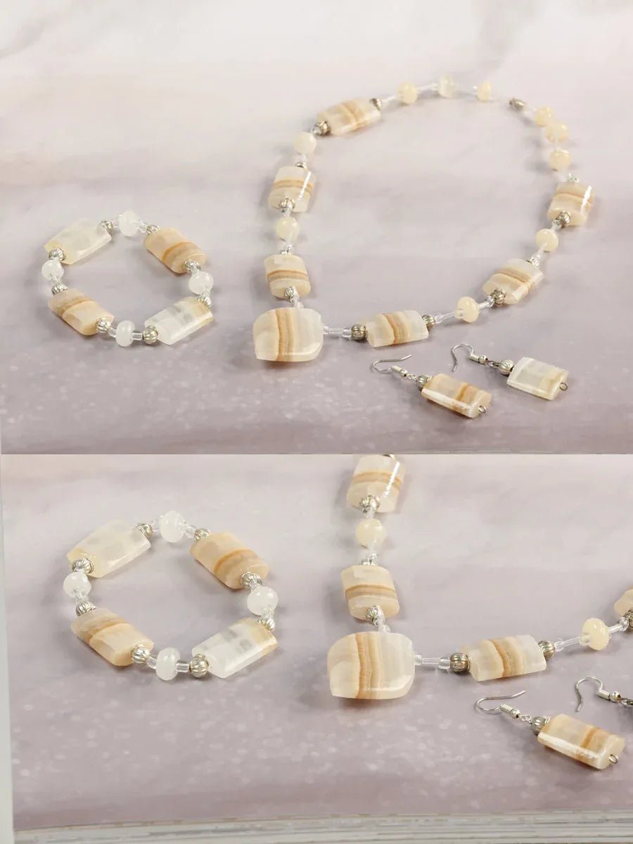 Artisanal Set Earrings-Necklace-Bracelet Onyx Stone Natural/Caramel 603144 - N4dboots.com