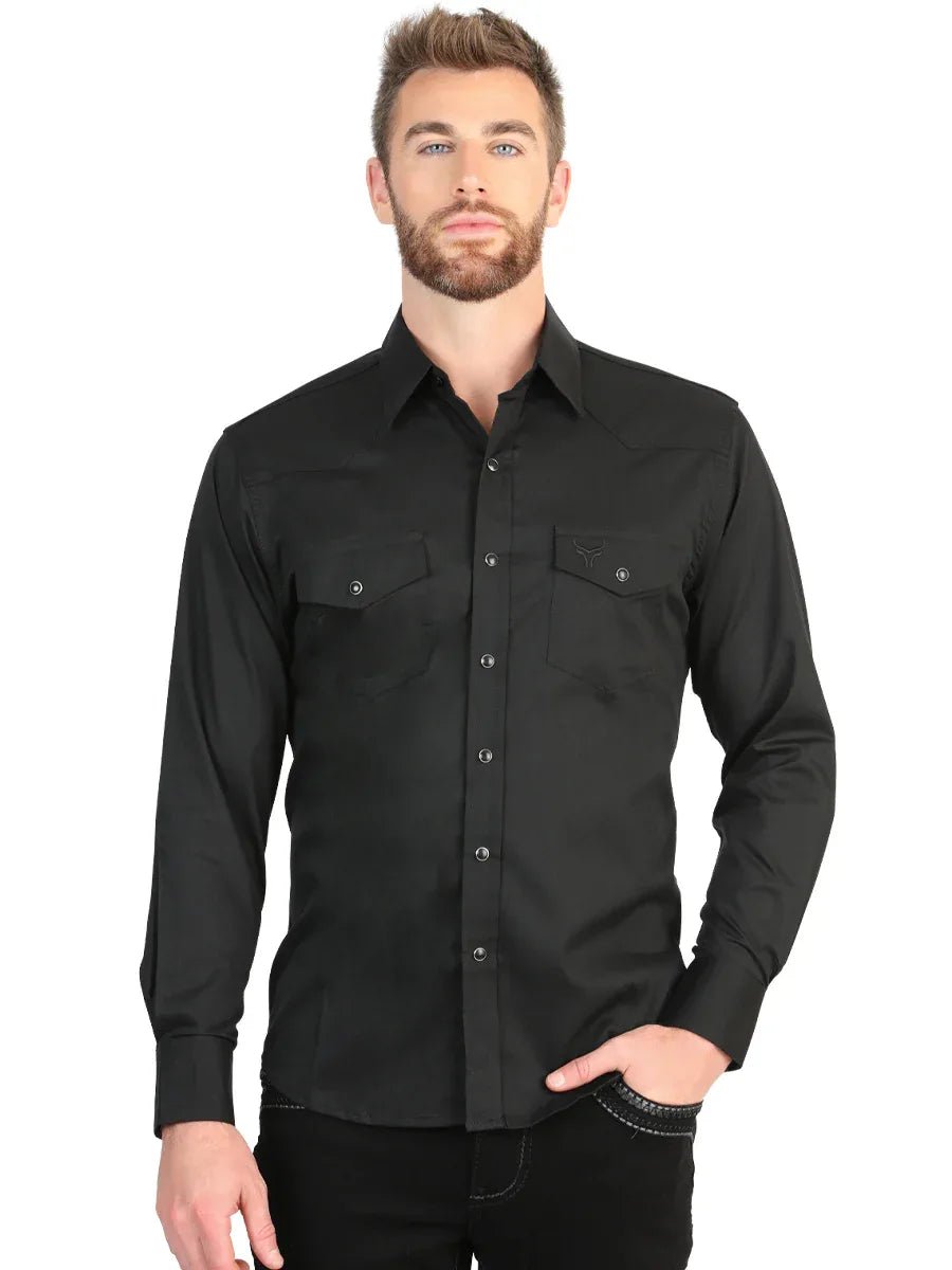 El General Men’s Long Sleeve Western Shirt - Black Stretch 45612 - N4dboots.com