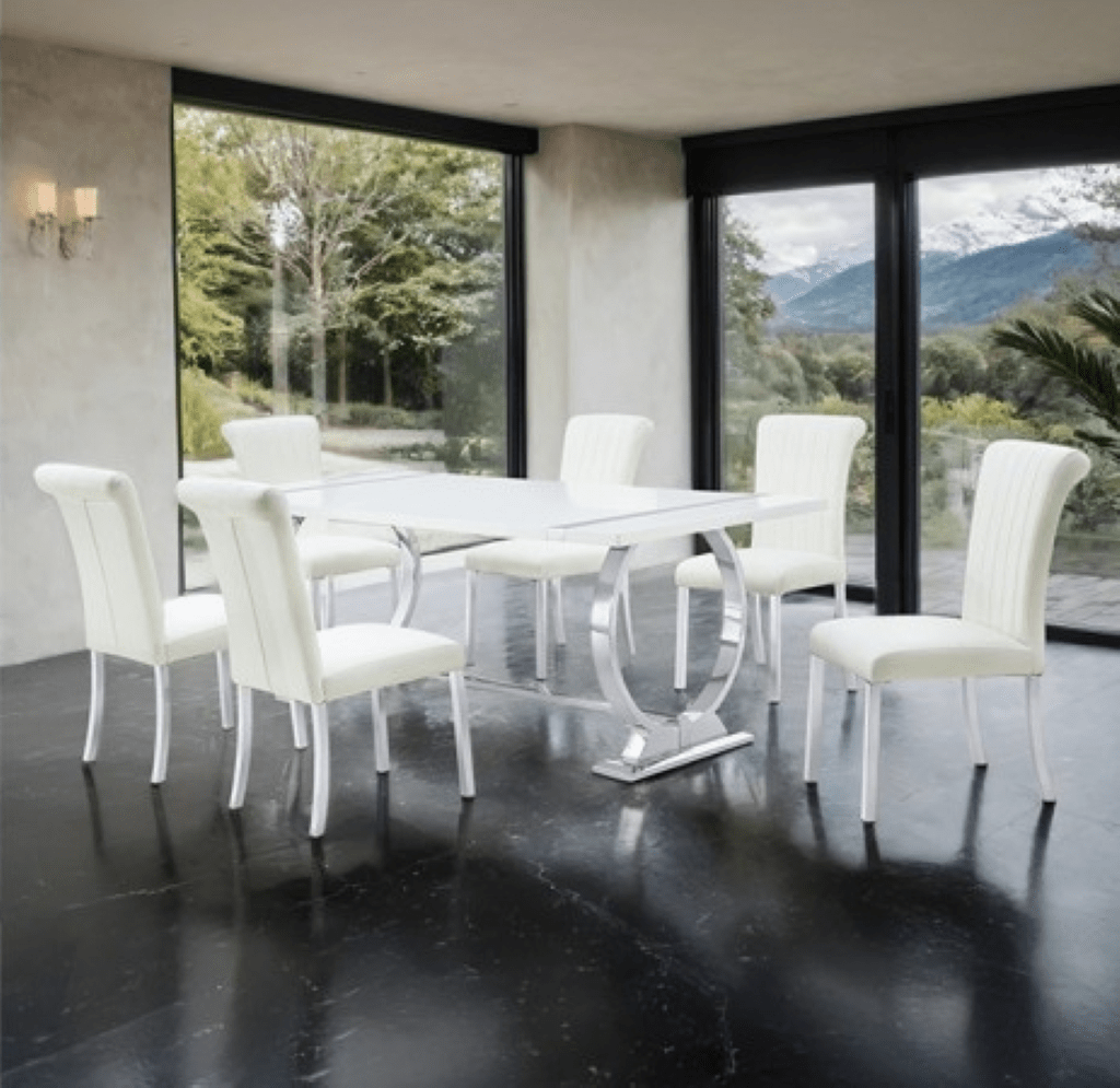 HOLBAEK 7 Pc 80" Dining Table Set | FM37008SV - T - 7PC - 07SW Color Silver White - N4dboots.com