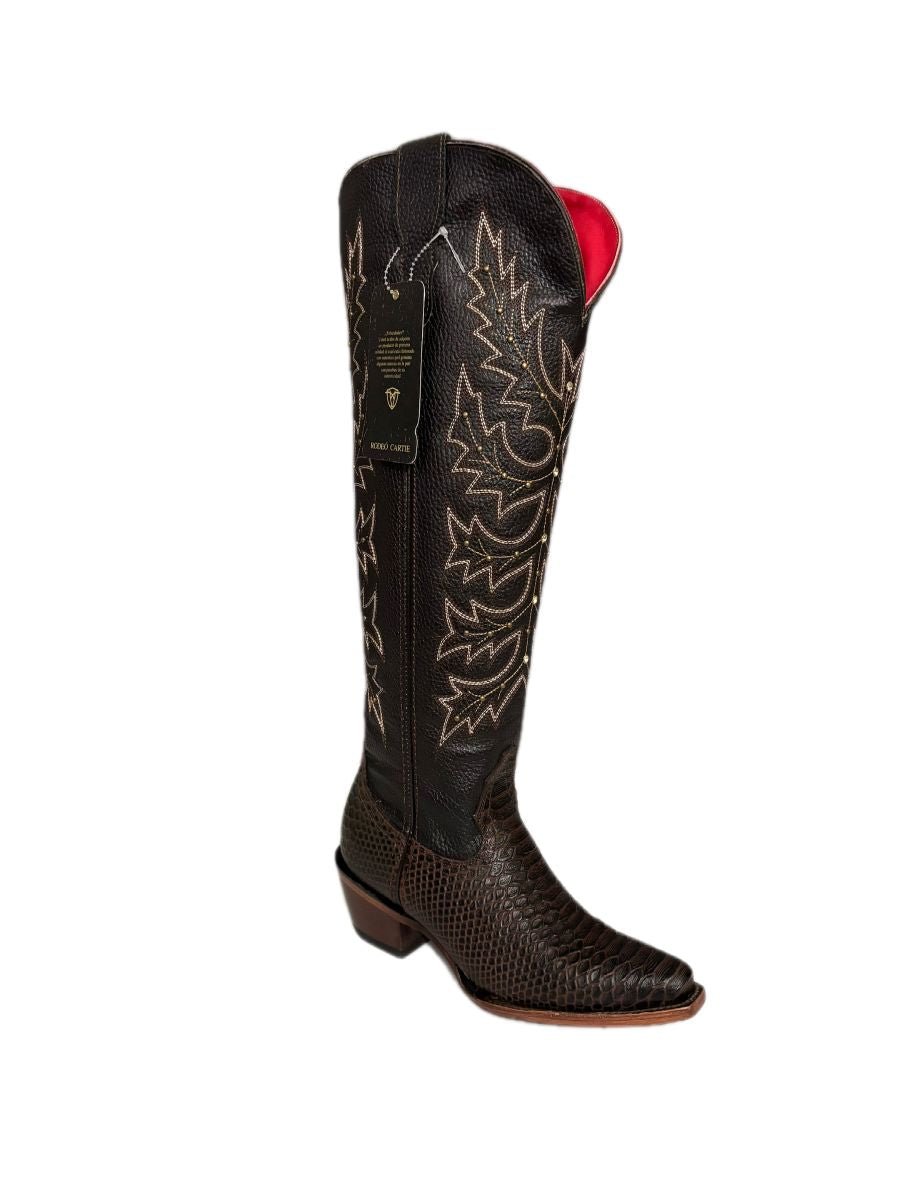 Bota Vaquera de Mujer Cruzalta Piel Imitación Pitón Color Café y Orix – Diseño Western con Tacón Estilizado - N4dboots.com
