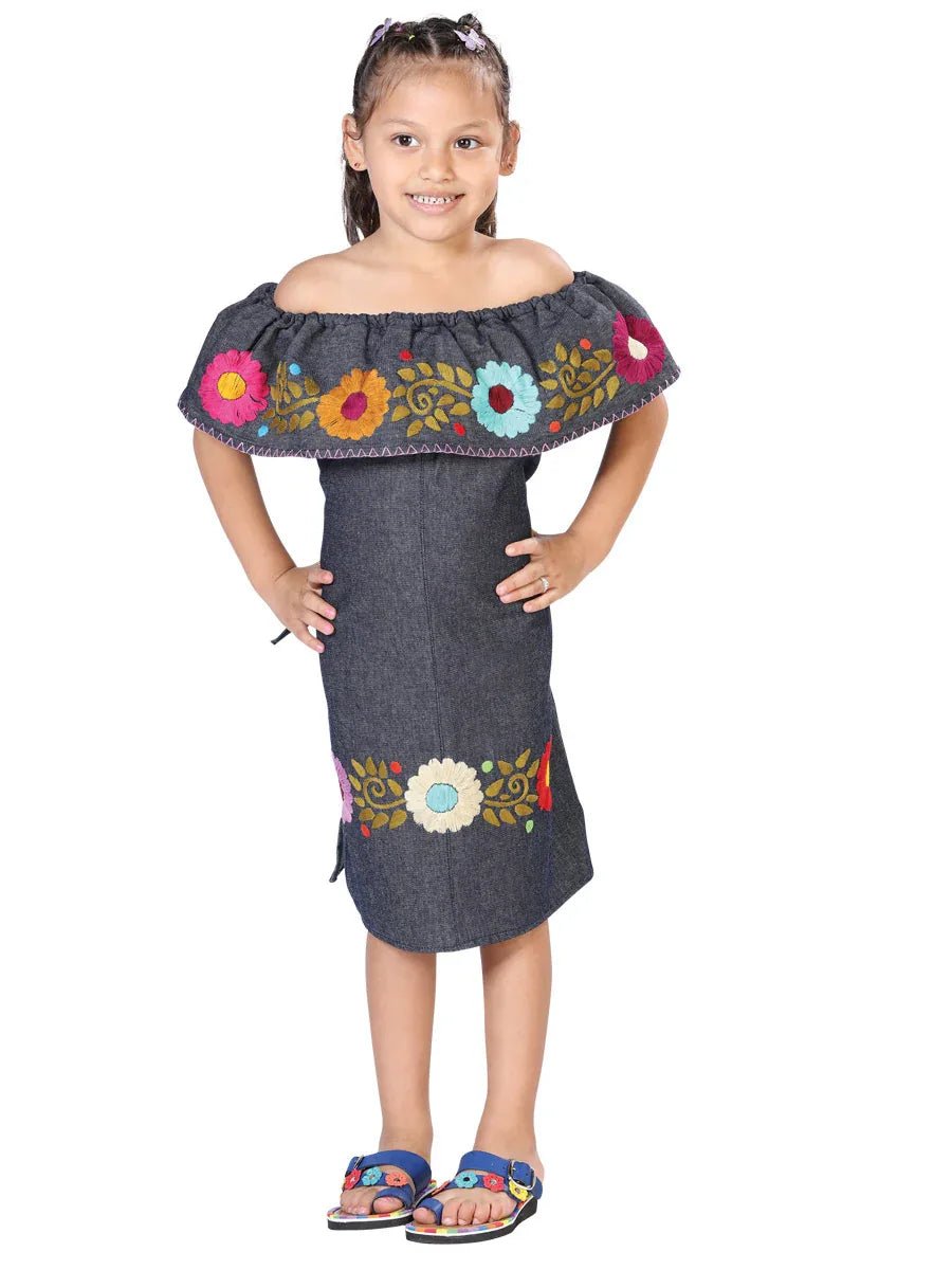 Artisanal Embroidered Dress 100% Cotton Denim Blue 603271 - N4dboots.com