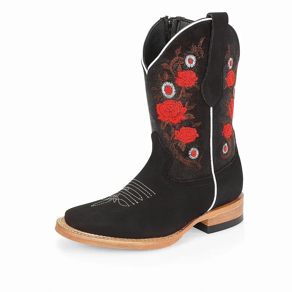 Botas rodeo para NIñas Negro con Flores Rojas - N4dboots.com