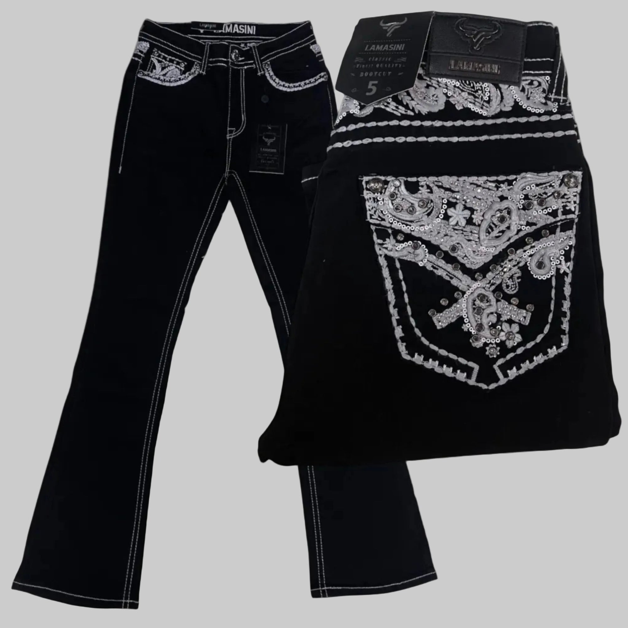 LAMASINI Women Jeans L763 Black - N4dboots.com