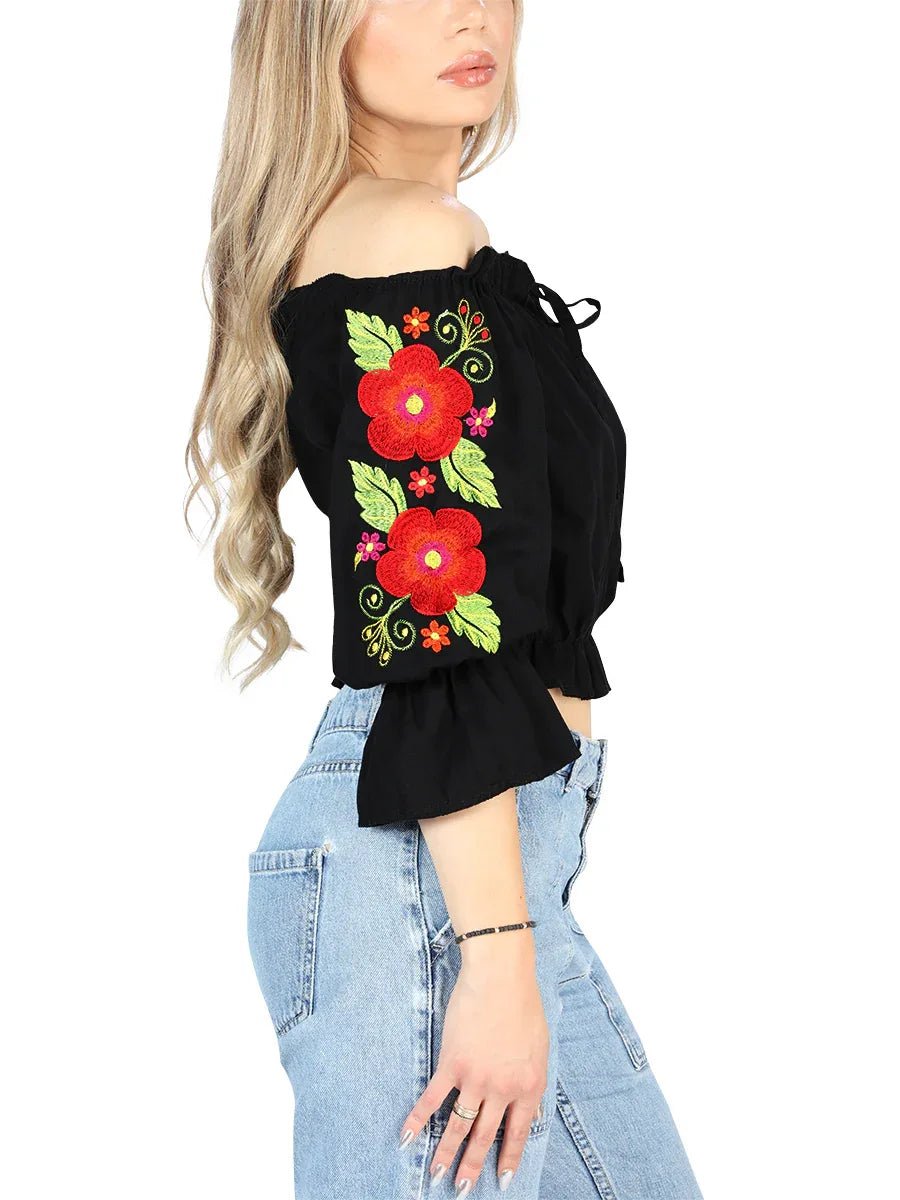 Artisanal Embroidered Blouse 100% Cotton Black 604050 - N4dboots.com
